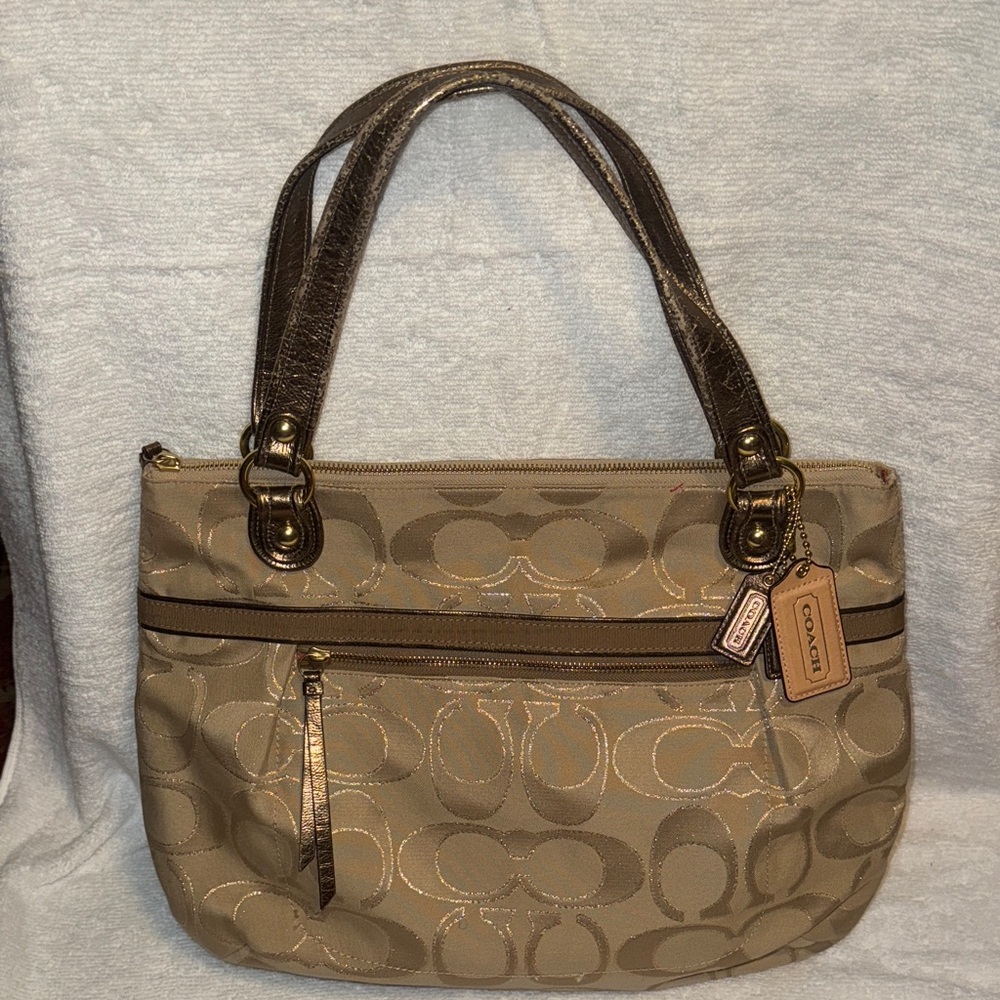 Coach Poppy Signature Large Tote - Tan with Gold Metallic Trim - $298- New